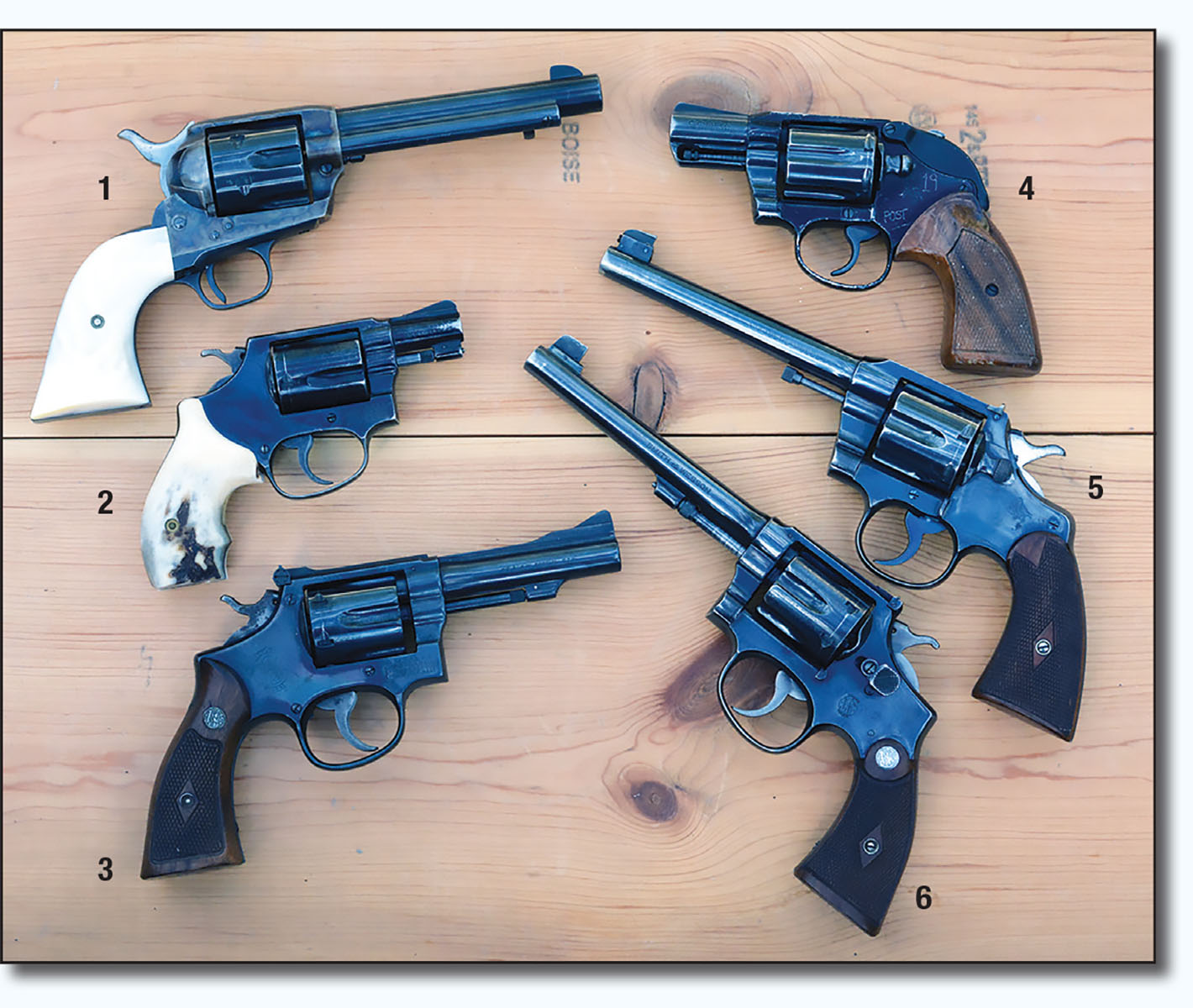 The .38 S&W Special is the most popular centerfire revolver cartridge and has been chambered in a huge variety of guns, many of which are only suitable for standard pressure loads: (1) Colt Single Action Army rare pre-war/post-war variant, (2) Smith & Wesson Chiefs Special, (3) Smith & Wesson K-38 Combat Masterpiece, (4) Colt Cobra, (5) Colt Officers Model (second issue) and (6) Smith & Wesson Military & Police Model of 1905 Target Model .38 (today’s test gun).